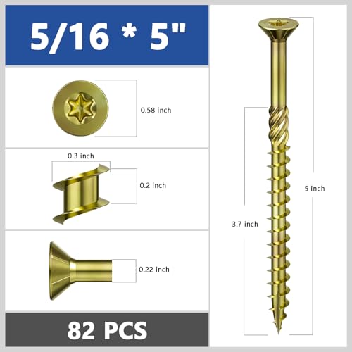 Image of Wensilon 5 /16 * 5 inch Yellow Zinc Deck Screws, (82pcs) 5 lbs.Exterior Wood Screws, Bronze, Star Bit