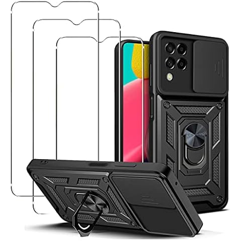 carinacoco Case for Samsung Galaxy M33 5G, with Slide Camera Cover and Tempered Glass Screen Protector(3 packs), Anti-Scratch and Shockproof Rugged Hard Armour Cover with Rotating Finger Ring Stand Cover