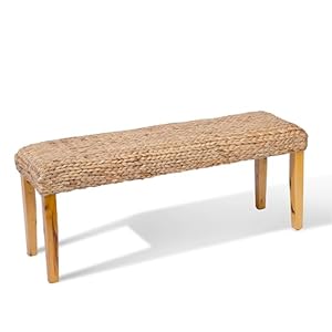 Acacia Solid Wood Bench with Woven Water Hyacinth Seat, Entryway Bench, Wicker Benches Indoor for Hallway, End of Bed, Kitchen, Rustic Farmhouse Boho (Fishbone Style – Natural Leg)