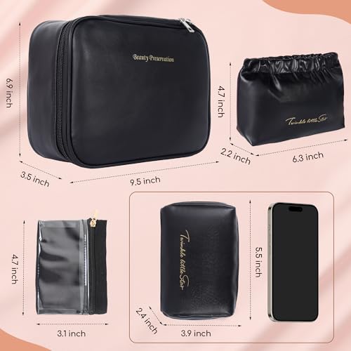 Travel Makeup Bags Set, 4 Pcs PU Leather Cosmetic Organizer Bag with Jewelry bag, Large Make Up Cosmetic Bag with Divider and Handle, Portable Travel waterproof Vanity Bag for Women Girl (Black)2
