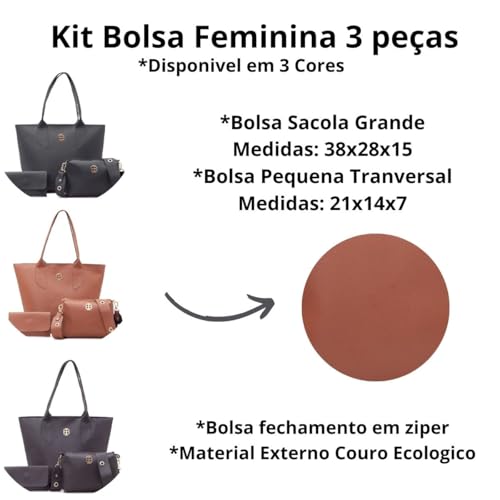 Kit 3 peças Bolsa Feminina Grande 1 Bolsa Transversal e 1 Carteira 3 peças KIT-LIS (Café)