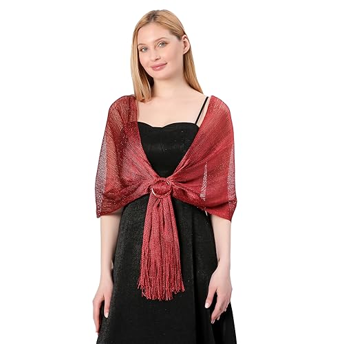 Image of Stoles for Evening Dress with Buckle, Fringes - Polyester Blend, Shimmer Stole Wraps for Weddings, Party | Women's Clothing