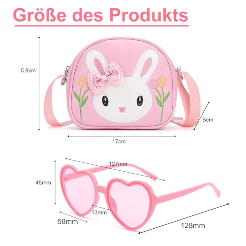dogmoon Kleines Mädchen Kaninchen Tasche, Handtasche Mädchen mit 1 Stück Rosa Brille und 14 Stück Haarklemmer, Kinder Hase Geldbörse PU Leder Prinzessin Mini Handtasche für Kinder(Rosa)