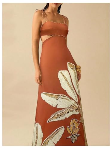 Image of SOLY HUX Women's Summer Maxi Dress Boho Print Tie Shoulder Spaghetti Strap Cut Out Tie Back Cami Dresses Sundress