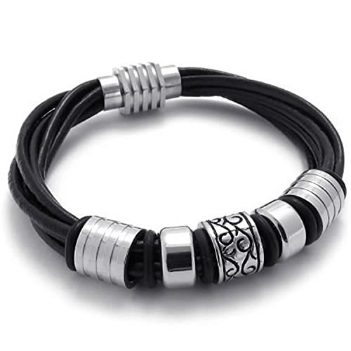 mendino Herren Echt Leder Armband Charm Armreif Edelstahl schwarz silber Biker magnetisch 20,3 cm 21,6 cm 22,9 cm