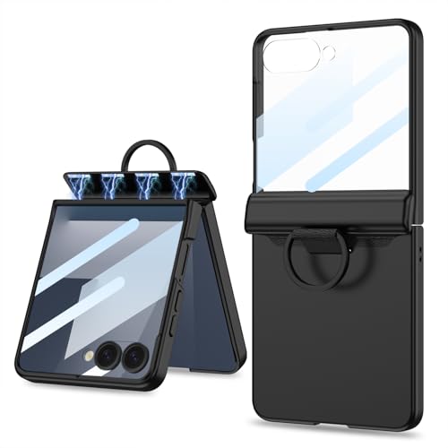 Image of Midkart Ring Case Compatible with Samsung Galaxy Z Flip 7 Release 2025 Magnetic Hinge Protection Ring Holder Hard PC with Front Glass Cover 360-degree Protection, Black
