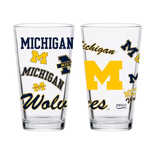 INDIGO FALLS Officially Licensed 16oz Medley Pint Glass – Set of 2 – Durable Glass Construction – Perfect for Game Day & Everyday Use (Michigan Wolverines)