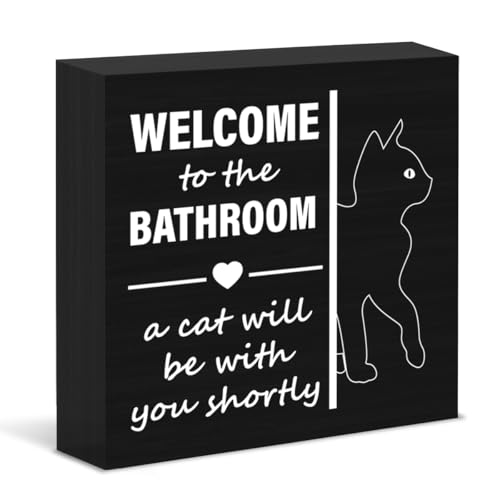 Funny Cat Bathroom Wooden Box Sign Welcome to the Bathroom a Cat Will Be with You Shortly Black Wood Block Sign for Restroom Toilet Decor