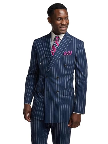 Paul Fredrick Men's Wool Stretch Stripe Double Breasted Peak Lapel Suit Jacket2