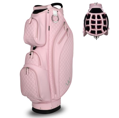 Luxury Womens Golf Bag PU Leather Golf Cart Bag with Dual Handles for Women/Ladies 14-Way Full-Length Top Dividers Large Putter Well Ultra Lightweight Large Pockets for Accessories (Pink)