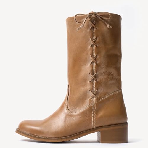 Mid Calf Boots for Women Stylish Side Lace Up Round Toe Chunky Block Low Heel Booties Cute Bow Comfortable Fall Winter Boots3