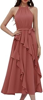 Women's 2024 Summer Sleeveless Halter Neck Ruffle Hem Split Flowy Swing Long Midi Dress with Belt