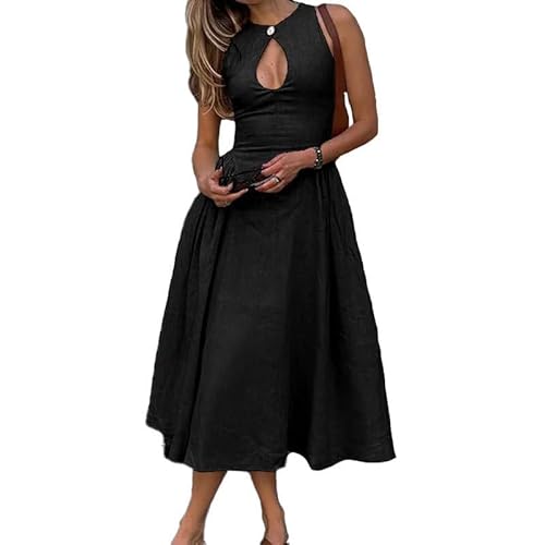 rongty Vestido feminino de verão 2024, temperamento, sem mangas, cintura alta, cor lisa, vazado, Pre