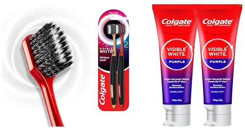 Colgate Visible White Purple Toothpaste for Teeth Whitening with Fluoride, Remove Surface Stains, Whitens Yellow Teeth, Enamel-Safe (240g) & Colgate Visible White O2 Manual Toothbrush (2Pc) Ultra Soft