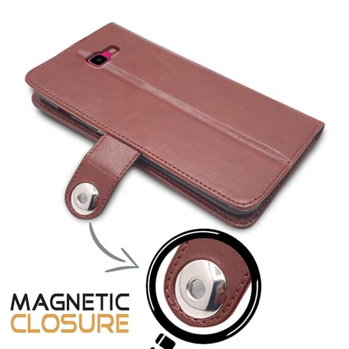Image of Pikkme Samsung Galaxy J4 Plus Flip Cover Leather Finish | Inside TPU with Card Pockets | Wallet Stand and Shock Proof | Complete Protection Button Flip Case (Brown)
