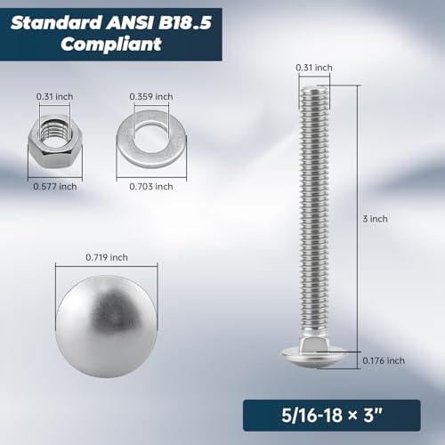 Image of 5 /16-18 x 3 Inch Carriage Bolt Kit, 304 Stainless Steel (18-8) with Hex Nuts & Flat Washers - 8 Sets, Round Head Square Neck, Full Thread Coverage by Glvaner