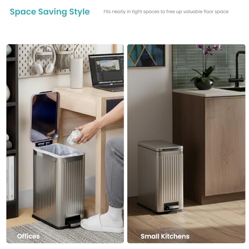 Image of Home Zone Living 4 Gallon Kitchen Trash Can with Slim Fit Design | Stainless Steel with Soft-Close Step Pedal Lid, Bag Tuck Band for Easier Bag Changes, Rectangular Shape, Reeded Style, Silver