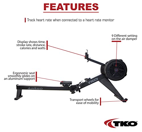 Image of TKO AirRaid Rower | Air Resistance Rowing Machine for Home & Commercial Use | Foldable Air Rowing Machine with 9 Damper Levels, LCD Console, Smooth Glide Rower Machine