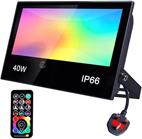 REYLAX RGB Flood Light Outdoor, Garden Lights, 40W 4000LM Colour Changing LED Floodlight, 5 Modes, 120 RGB Colours and Warm White, Remote Control Lamp, IP66 Waterproof, UK3-Plug, for Party Disco Stage