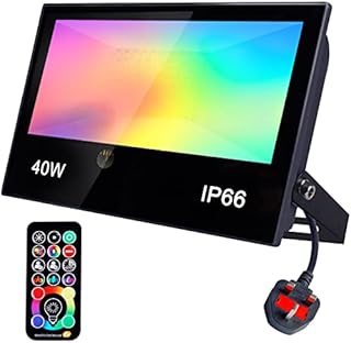 REYLAX RGB Flood Light Outdoor, Garden Lights, 40W 4000LM Colour Changing LED Floodlight, 5 Modes, 120 RGB Colours and Warm White, Remote Control Lamp, IP66 Waterproof, UK3-Plug, for Party Disco Stage