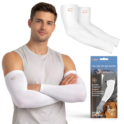 Copper Compression Full Arm Sun Sleeves for Men and Women UPF 50+ UV Protection Cooling Moisture Wicking Sleeves for Golf Hiking Fishing Gardening and Outdoor Activities 1 Pair White L/XL