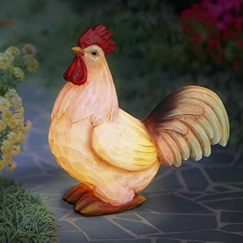 Exhart Garden Sculpture, Solar Rooster Garden Statue, LED Light, Outdoor Lawn and Yard Decoration, 6 x 11 Inch