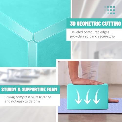 2024 Yoga Blocks 2 Pack, EVA Foam Yoga Block With 2 Resistance Bands, Supportive Latex-Free, Non-Slip Exercise Blocks, Yoga Block for Pilates, Meditation, Balance, Stretching (Teal) - Thumbnail 3