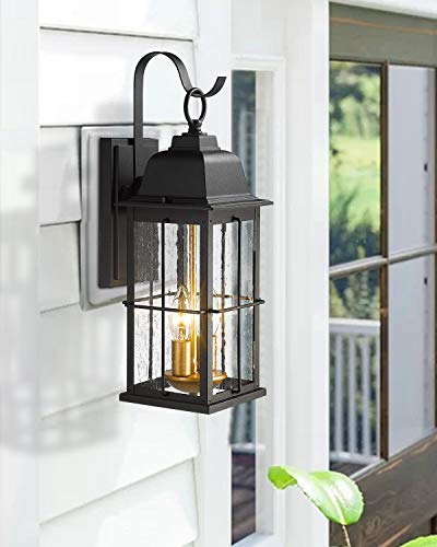 Zeyu Exterior Porch Light Fixtures, 17 Inch Outdoor Wall Sconce For House In Black And Gold Finish With Seeded Glass Shade, 20071B2 #TOP1