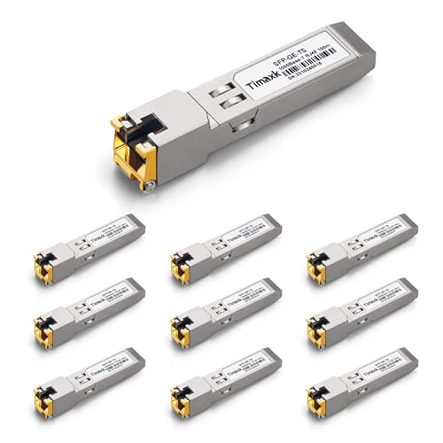 Timaxk 10Pack 1000BASE-T SFP to RJ45 Ethernet Module, 1.25G Gigabit SFP-T Transceiver up to 100m Over Cat 5 Cable,Compatible with Cisco, Ubiquiti, Mikrotik, D-Link, Netgear, Qnap, Linksys and More