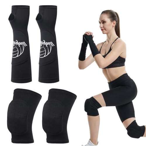 Protección de Voleibol,1 par de Protectores de Brazo de Voleibol+1 par de Rodilleras de Voleibol,con Esponja -Rodilla y un Agujero del Pulgar,para Corriendo Yoga de Automóviles de Montaña (L,Negro)