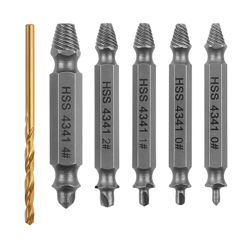 6PCS Damaged Screw Remover and Extractor Set, HSS 4341 Steel, Double-Ended Drill Bits for Removing Stripped, Broken, or Rusted Screws and Bolts, Includes Carbide Drill Bit, for DIY & Professional Use