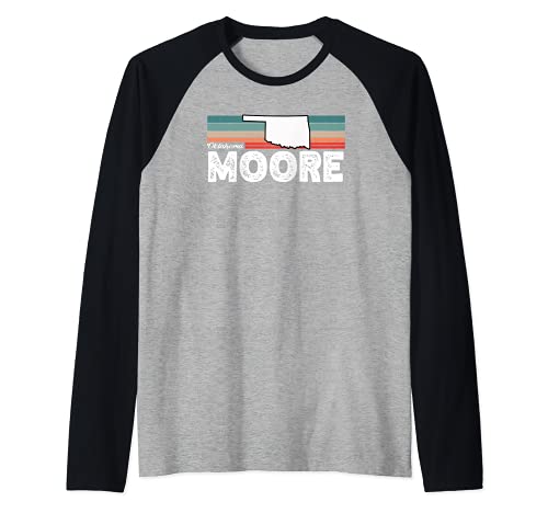 Vintage Retro Moore CA Tourist Native Oklahoma Raglan Baseball Tee, Black