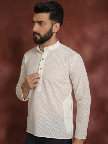 Image of SOJANYA (Since 1958 Men's Cream Pure Chicken Cotton Short Kurta