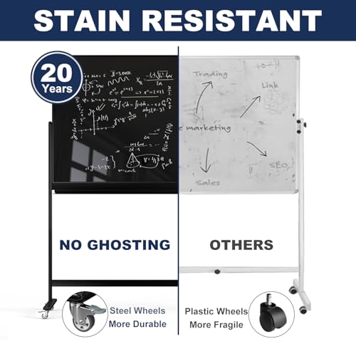Image of TSJ-OFFICE Rolling Glass Whiteboard on Wheels - 48 inch x 32 inch Magnetic Mobile Dry Erase Board with Stand, Large Rolling White Board with 25 Sheets Paper Pad, Transparent Tempered Glass Board Office, Home