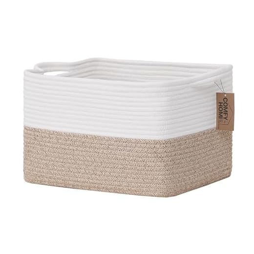 COMFY-HOMI Cotton Rope Woven Basket with Handles for Shelves,Toys,Book, Cloth Storage Baskets for Organizing-13.5" x 11" x 9.5" Toy Decorative Organizer for Living Room, Bathroom （White/Brown）
