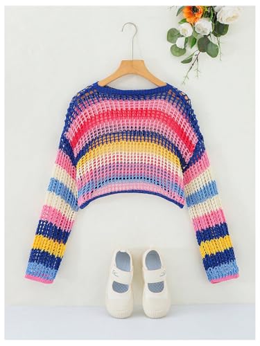 Floerns Girl's Striped Print Long Sleeve Pullover Hollow Out Crochet Cropped Sweaters2