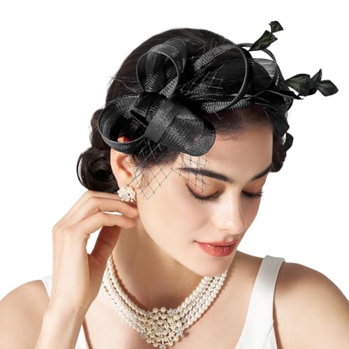 KAIAIWLUO Chapeau bibi vintage noir pour femme, soucoupe, bandeau sinamay, chapeau bibi de mariage, chapeau d'ascot hatinateur à plumes en maille pour le thé