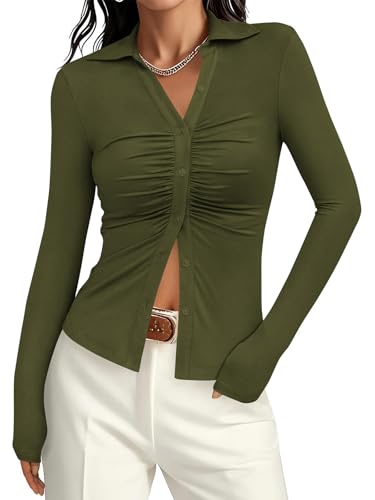 Image of PRETTYGARDEN Womens Long Sleeve Shirt Lapel Collar V Neck Button Down Shirts for Women Dressy Casual Ladies Tops (Army Green, Medium)