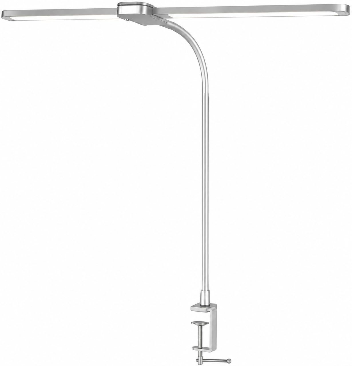 Burakh Silver Led Desk Lamp With Clamp – Dual Head Flexible Gooseneck Desk Light, Stepless Dimming, Eye-Caring Clip-On Lamp For Office, Home, Reading, Craft, Study (Silver)