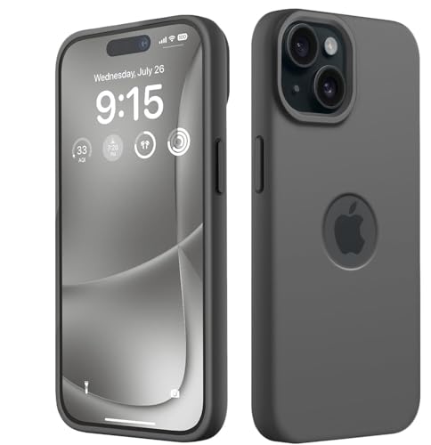 Image of VONZEE Microfiber Logo Cut Cover Compatible for iPhone 15 Plus Case Liquid Silicone Cases Full Body 4 Layer Protective Covers Shockproof Back Cover with High Raised Camera Lips (6.7 inch, Dark Grey)