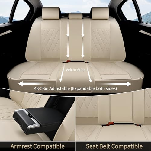 Image of FLORICH Car Seat Covers Full Set Waterproof Nappa Leather Car Seat Cover Front and Rear Car Seat Protector with Lumbar Support Automotive Seat Covers Universal Fit for Most Car Sedan Truck SUV, Beige