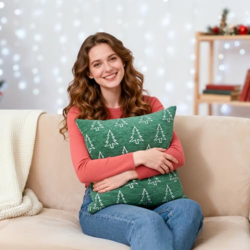 Image of Soft Chenille Christmas Pillow Covers 18x18 Set of 2, Reversible Snowflake & Tree Pattern, Thick & Cozy Farmhouse Holiday Cushion Cases with Hidden Zipper for Sofa Couch Bed(Green,18x18)