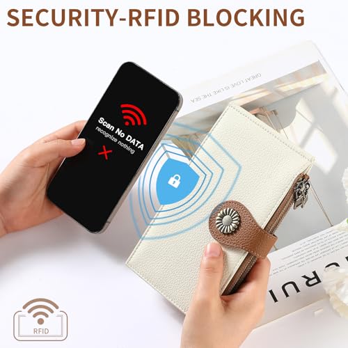 aurrako Leather Silm Wallets for Women RFID Blocking with Zipper Pocke Credit Card slots Long And Flat Design Travelambo Wallet-Large Size (White)4