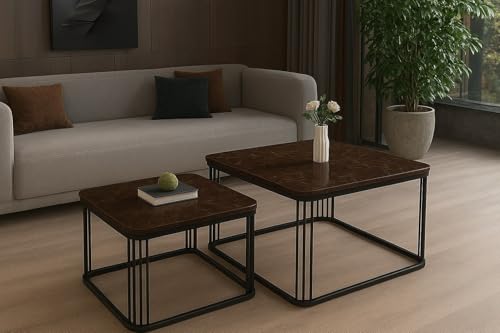 Image of Brown Art SHOPPEE Square Coffee Table Home Decor Furniture Coffee Table Sets,2 Piece MDF Top,Stacking Nesting Table with Iron Frame for Living Room Living Room or Lounge (Brown Black)