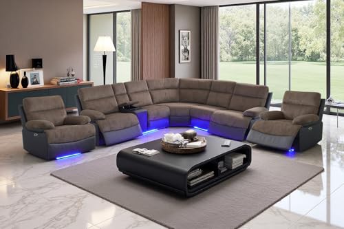 Image of Power Recliner Sofa Sectional Couch with LED Light for Living Room, Taupe Corduroy Reclining Corner Sectional Sofa with 4 Recliner Seats,Cup Holder,Storage Console for House /Home