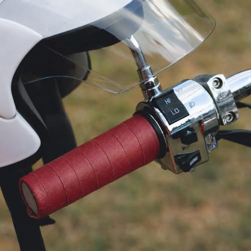 Image of The Grit Co. Leather Grip Wrap for Motorcycle Handle bar - Bike Handlebar Universal Grips (Royal Red)