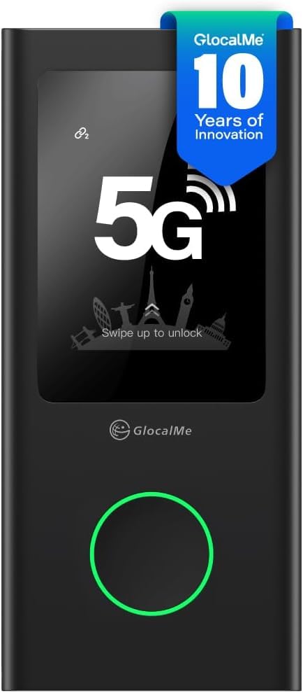 GlocalMe Numen Air WiFi portátil, Red de Alta 5G, No SIM, Viajes internacionales 5G a más de 80 países, Móvil Router con 1GB de Datos Globales, Pantalla Táctil, 16 Dispositivos Conectados, 5400mAh