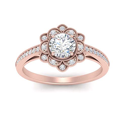 Image of 55Carat Choose Your Gemstone Milgrain Floral Halo Diamond CZ Ring Rose Gold Plated Round Shape Halo Engagement Rings Everyday Jewelry Wedding Jewelry Handmade Gifts for Wife US Size 4 to 12