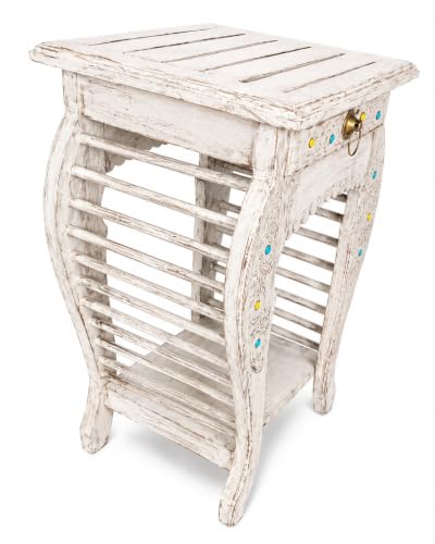 Image of Multipurpose Table Outdoor Indoor Stool Flower Vase Stool with One Drawer Material Mango Wood Size 30.5CM x 30.5CM x 53.3CM (White Antique)