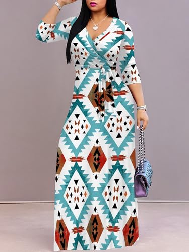 Image of PinkPatty Plus Size Maxi Dress for Women Casual V Neck 3 /4 Sleeve Boho Printed Long Dress with Pockets